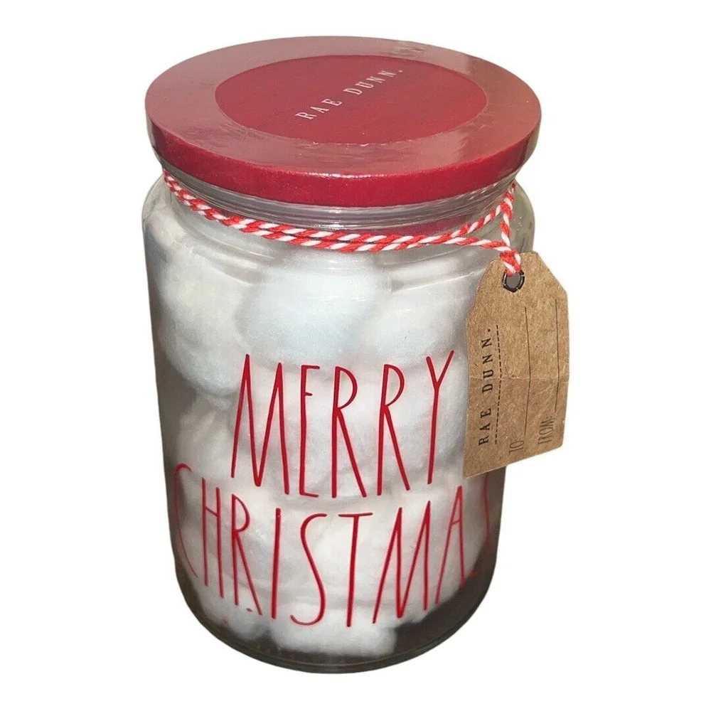 Rae Dunn Farmhouse Merry Christmas Jar with 60 Cotton Balls, Red Wooden Lid